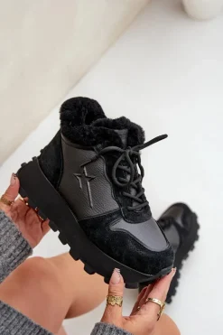 Skórzane Sneakersy Trapery Damskie Z Futerkiem Na Platformie Big Star OO274A329 Czarne