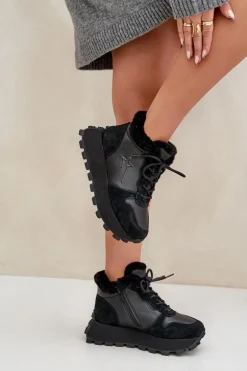 Skórzane Sneakersy Trapery Damskie Z Futerkiem Na Platformie Big Star OO274A329 Czarne