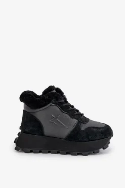 Skórzane Sneakersy Trapery Damskie Z Futerkiem Na Platformie Big Star OO274A329 Czarne