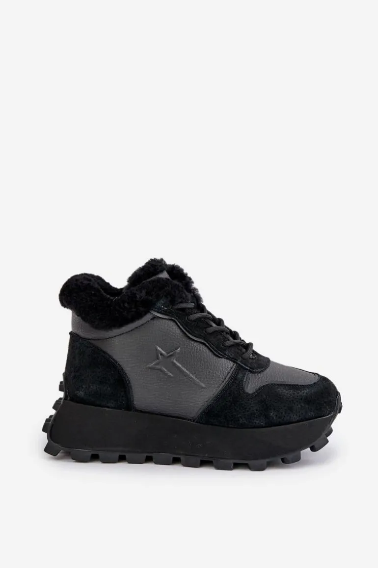 Skórzane Sneakersy Trapery Damskie Z Futerkiem Na Platformie Big Star OO274A329 Czarne