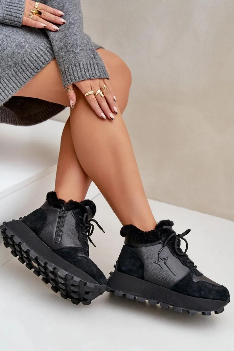 Skórzane Sneakersy Trapery Damskie Z Futerkiem Na Platformie Big Star OO274A329 Czarne