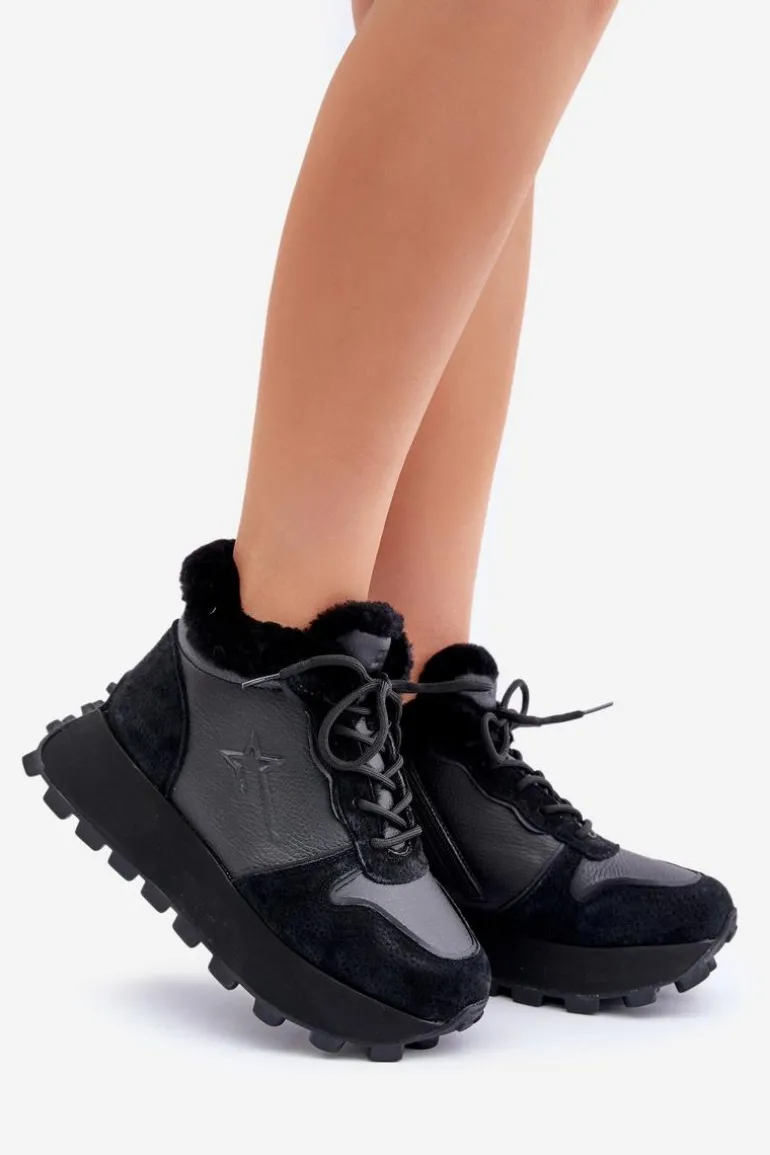 Skórzane Sneakersy Trapery Damskie Z Futerkiem Na Platformie Big Star OO274A329 Czarne