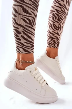 Skórzane Sportowe Buty Na Platformie Beżowe Lemmy