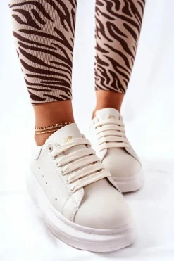 Skórzane Sportowe Buty Na Platformie Beżowe Lemmy