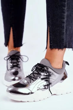 Skórzane Sportowe Buty Sneakersy GOE GG2N3040 Srebrne