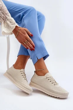 Skórzane Sportowe Buty Trampki Damskie Beżowe Lalnai