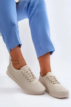 Skórzane Sportowe Buty Trampki Damskie Beżowe Lalnai