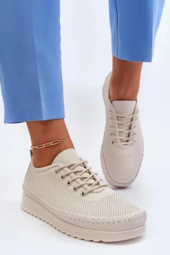 Skórzane Sportowe Buty Trampki Damskie Beżowe Lalnai
