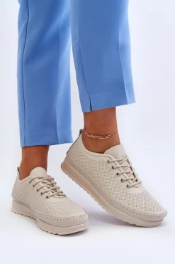 Skórzane Sportowe Buty Trampki Damskie Beżowe Lalnai