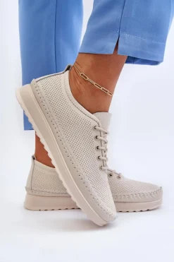 Skórzane Sportowe Buty Trampki Damskie Beżowe Lalnai
