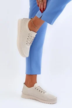 Skórzane Sportowe Buty Trampki Damskie Beżowe Lalnai