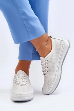 Skórzane Sportowe Buty Trampki Damskie Białe Lalnai