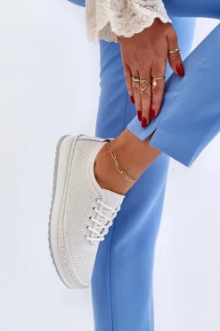 Skórzane Sportowe Buty Trampki Damskie Białe Lalnai