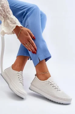 Skórzane Sportowe Buty Trampki Damskie Białe Lalnai