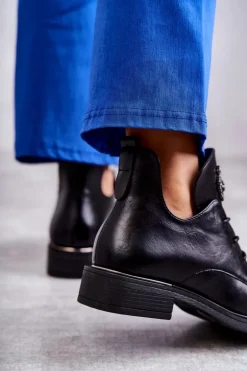 Skórzane Sznurowane Botki Z Wycięciami Czarne Fabiana