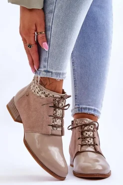 Skórzane Sznurowane Botki Maciejka 05953-04 Beżowe
