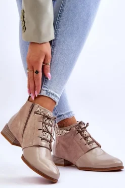 Skórzane Sznurowane Botki Maciejka 05953-04 Beżowe