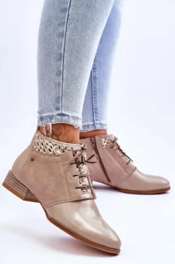 Skórzane Sznurowane Botki Maciejka 05953-04 Beżowe