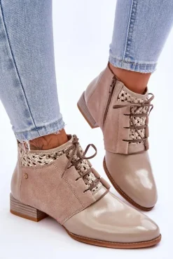 Skórzane Sznurowane Botki Maciejka 05953-04 Beżowe