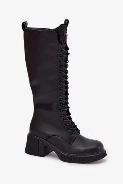 Skórzane Sznurowane Kozaki Na Klocku Ocieplane Vinceza 66804 Czarne