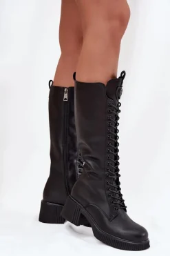 Skórzane Sznurowane Kozaki Na Klocku Ocieplane Vinceza 66804 Czarne