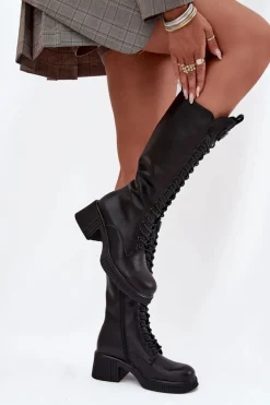 Skórzane Sznurowane Kozaki Na Klocku Ocieplane Vinceza 66804 Czarne