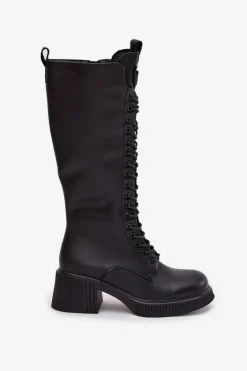 Skórzane Sznurowane Kozaki Na Klocku Ocieplane Vinceza 66804 Czarne