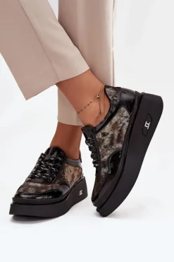 Skórzane Sznurowane Półbuty Damskie Na Platformie Artiker 57C2042 Czarno-Złote