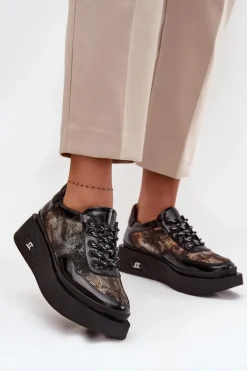 Skórzane Sznurowane Półbuty Damskie Na Platformie Artiker 57C2042 Czarno-Złote