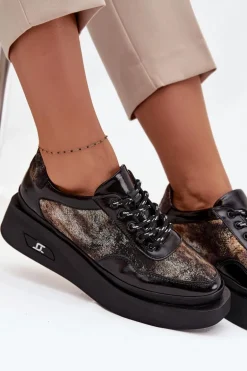 Skórzane Sznurowane Półbuty Damskie Na Platformie Artiker 57C2042 Czarno-Złote