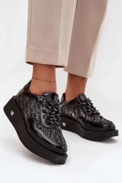 Skórzane Sznurowane Półbuty Damskie Na Platformie Artiker 57C2043 Czarno-Srebrne