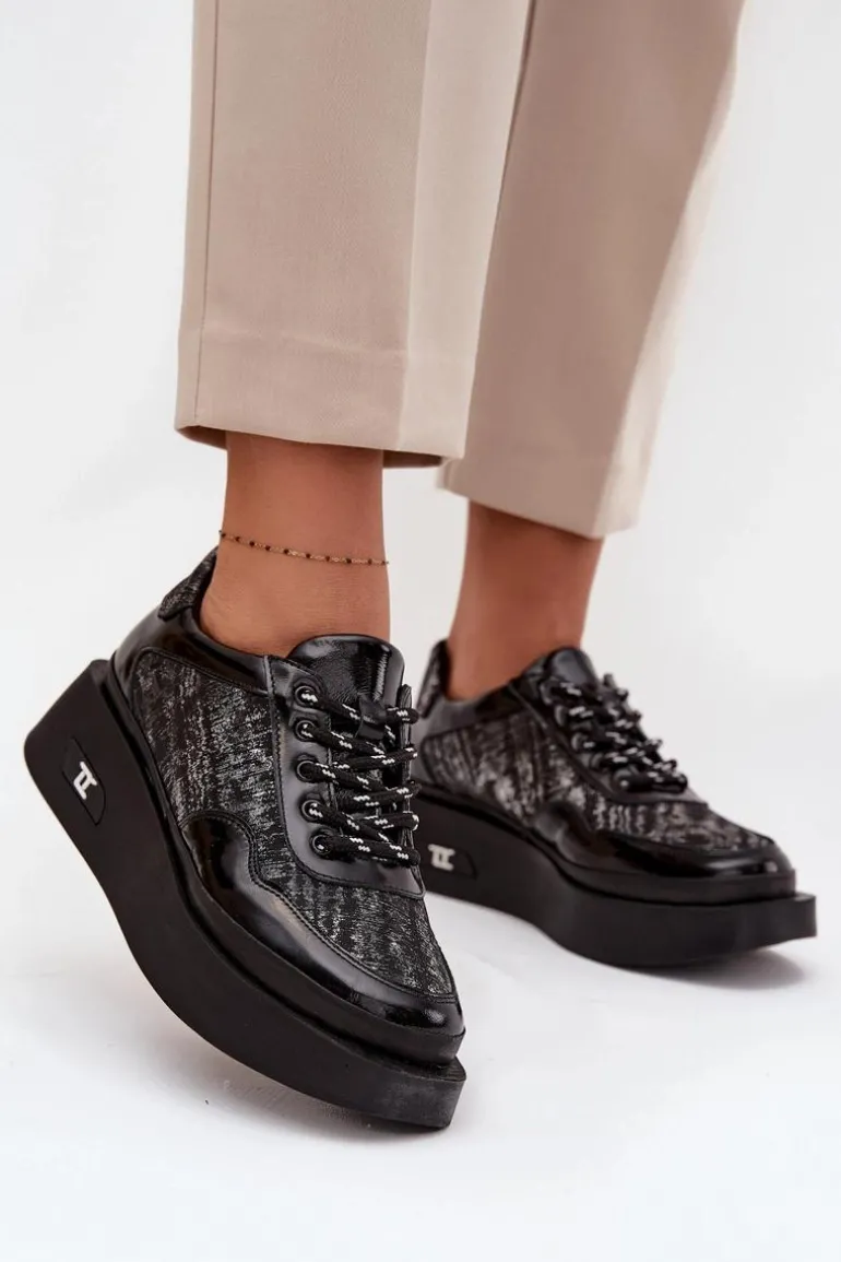 Skórzane Sznurowane Półbuty Damskie Na Platformie Artiker 57C2043 Czarno-Srebrne