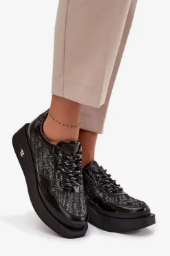 Skórzane Sznurowane Półbuty Damskie Na Platformie Artiker 57C2043 Czarno-Srebrne