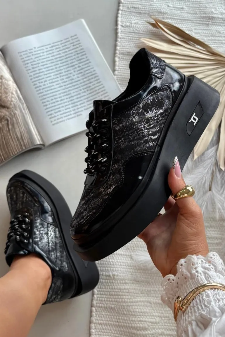 Skórzane Sznurowane Półbuty Damskie Na Platformie Artiker 57C2043 Czarno-Srebrne