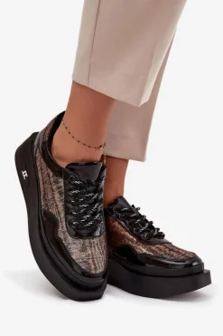 Skórzane Sznurowane Półbuty Damskie Na Platformie Artiker 57C2044 Czarne
