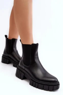 Skórzane Sztyblety Botki Na Masywnym Płaskim Obcasie Czarne Keva