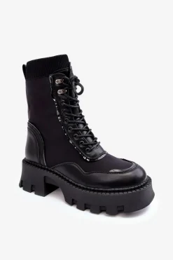 Skórzane Szurowane Masywne Workery Botki Damskie Czarne Seloma