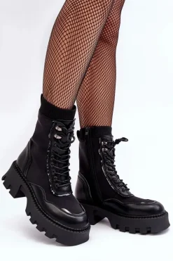 Skórzane Szurowane Masywne Workery Botki Damskie Czarne Seloma