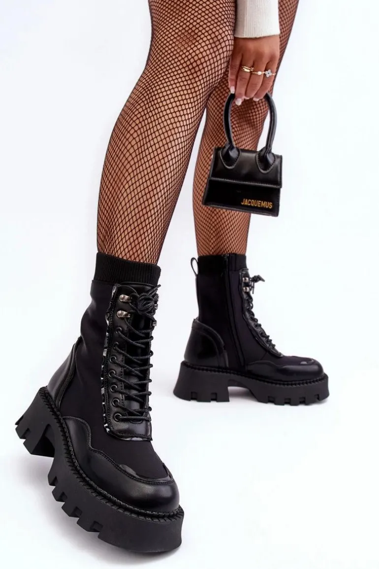 Skórzane Szurowane Masywne Workery Botki Damskie Czarne Seloma