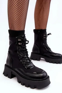 Skórzane Szurowane Masywne Workery Botki Damskie Czarne Seloma