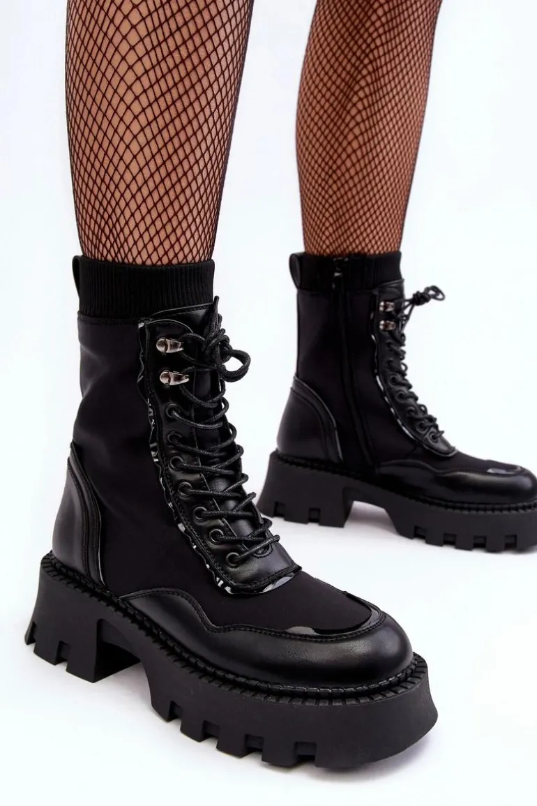 Skórzane Szurowane Masywne Workery Botki Damskie Czarne Seloma