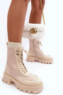 Skórzane Szurowane Masywne Workery Botki Damskie Beżowe Seloma