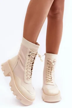 Skórzane Szurowane Masywne Workery Botki Damskie Beżowe Seloma