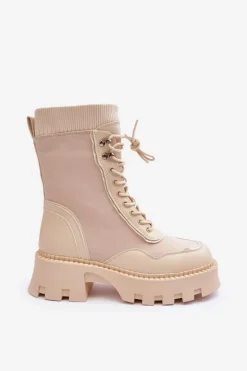 Skórzane Szurowane Masywne Workery Botki Damskie Beżowe Seloma