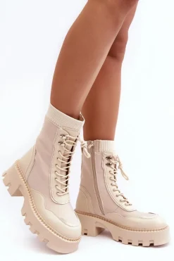 Skórzane Szurowane Masywne Workery Botki Damskie Beżowe Seloma