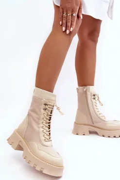 Skórzane Szurowane Masywne Workery Botki Damskie Beżowe Seloma