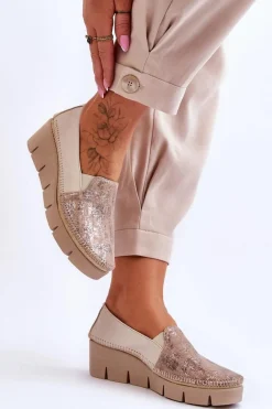 Skórzane Tenisówki Na Koturnie Maciejka 5814A-10 Beżowe