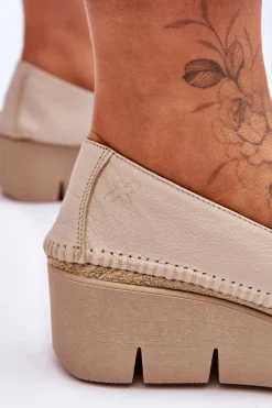 Skórzane Tenisówki Na Koturnie Maciejka 5814A-10 Beżowe