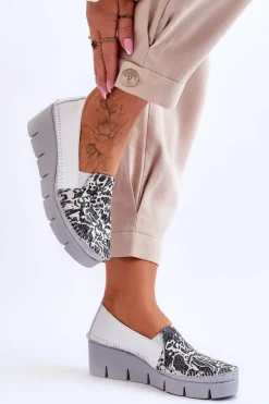 Skórzane Tenisówki Na Koturnie Maciejka 5814A-11 Biało-Czarne