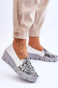 Skórzane Tenisówki Na Koturnie Maciejka 5814A-11 Biało-Czarne